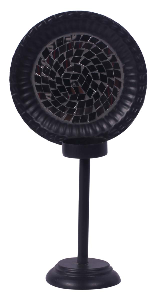 9.5” Tall Tea-Light Holder in Iron with Mirror-Work - Black - Mosaic Art Decor from India - Buy in Bulk Wholesale